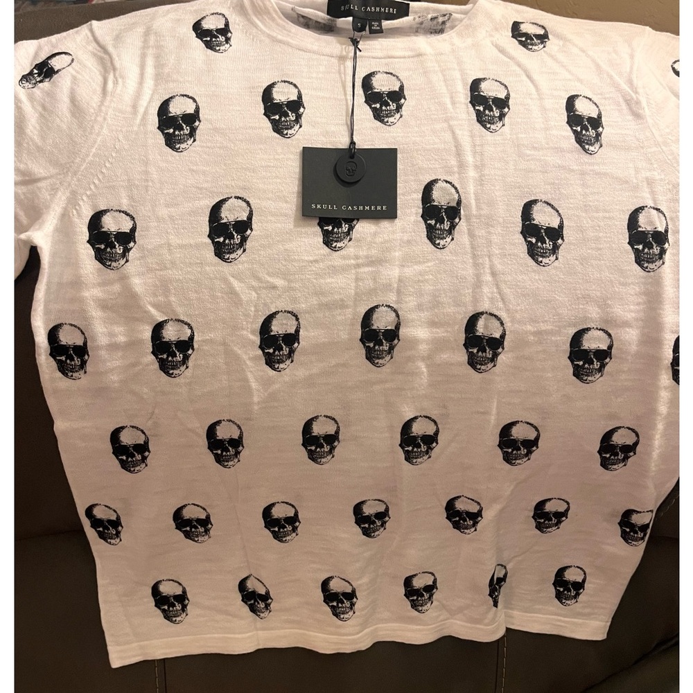 SKULL CASHMERE Susie Short Sleeve Cotton Crew Skull Tee, White, Small